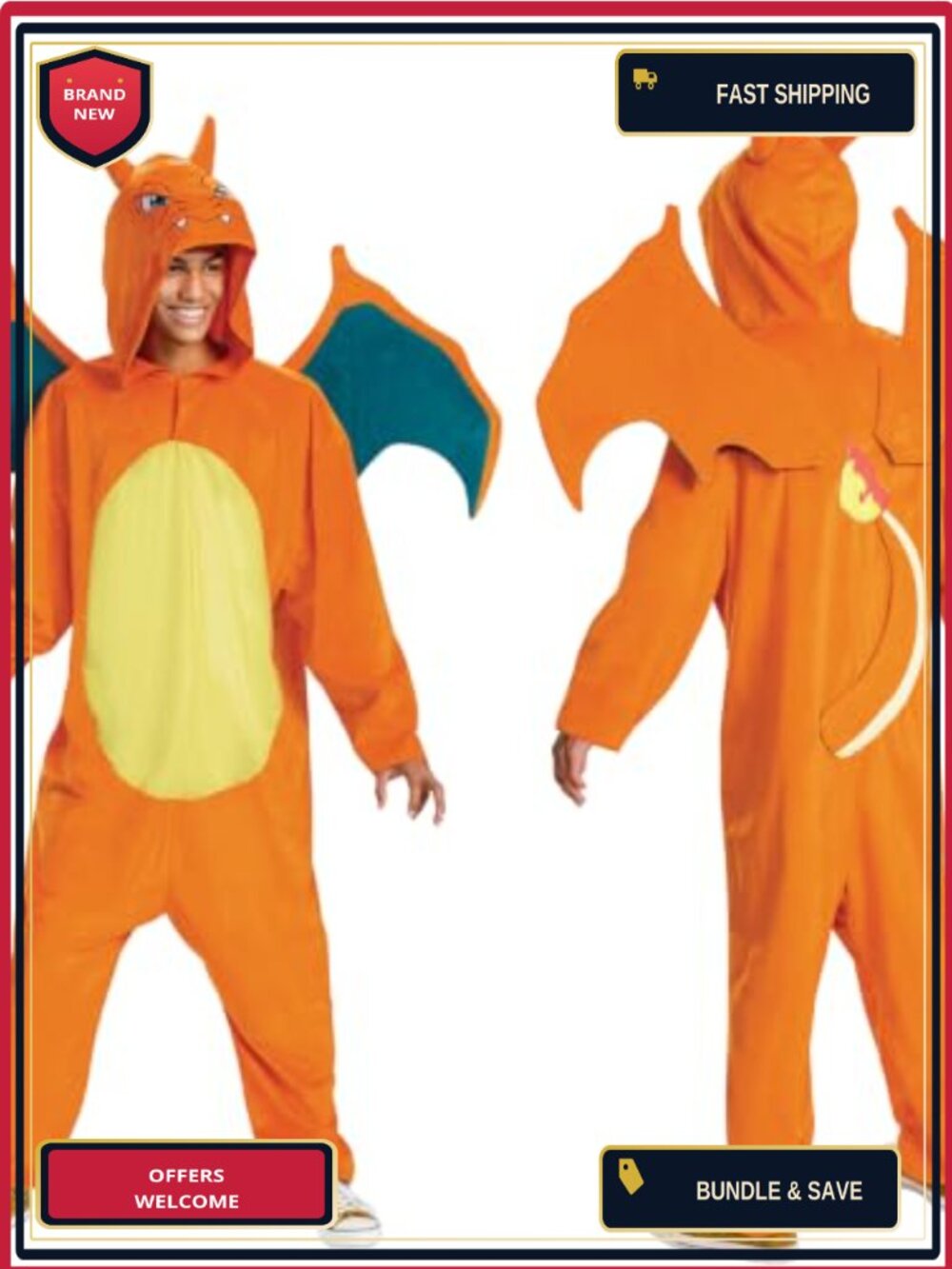 Deluxe Charizard Pokemon Costume Adult Jumpsuit Hood Wings Halloween Cosplay